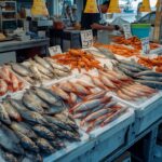 A vibrant, photorealistic image of a seafood market with fresh