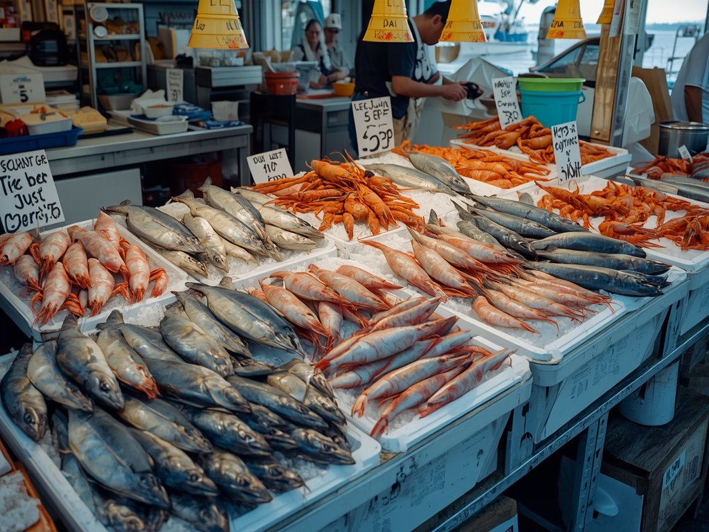 A vibrant, photorealistic image of a seafood market with fresh