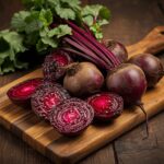 A vibrant, photorealistic image of a wooden cutting board with