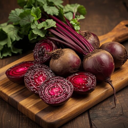 A vibrant, photorealistic image of a wooden cutting board with