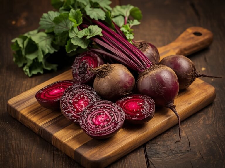 A vibrant, photorealistic image of a wooden cutting board with