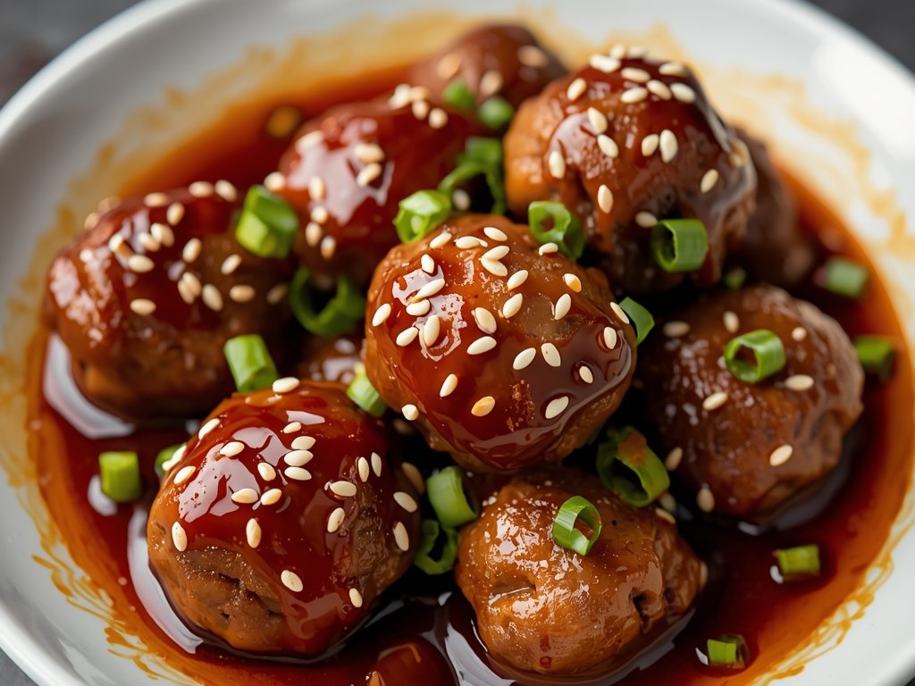 A vibrant plate featuring golden-brown meatballs glazed in a shiny