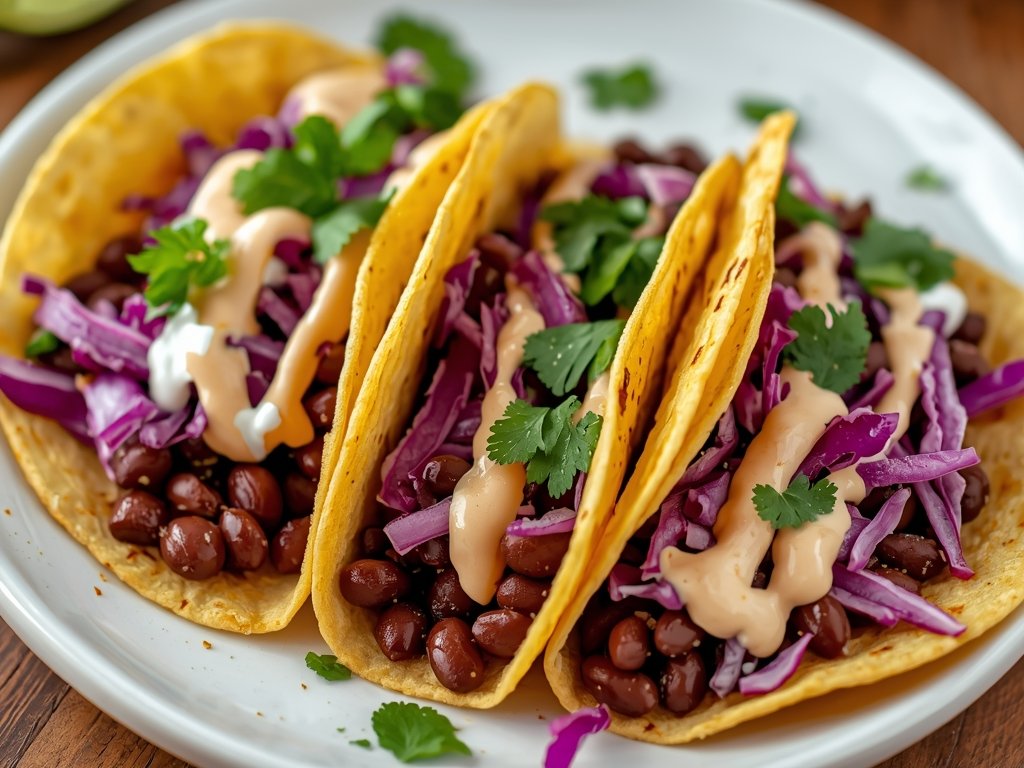 A vibrant plate of black bean tacos with warm tortillas,