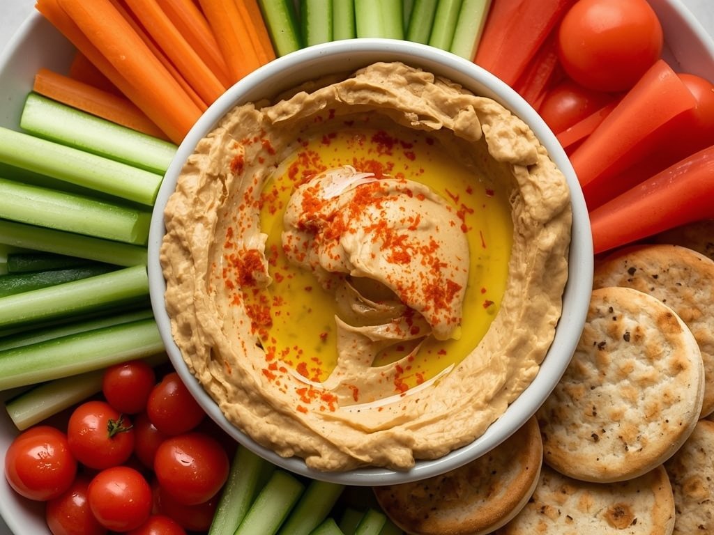 A vibrant platter of homemade hummus, swirled with olive oil