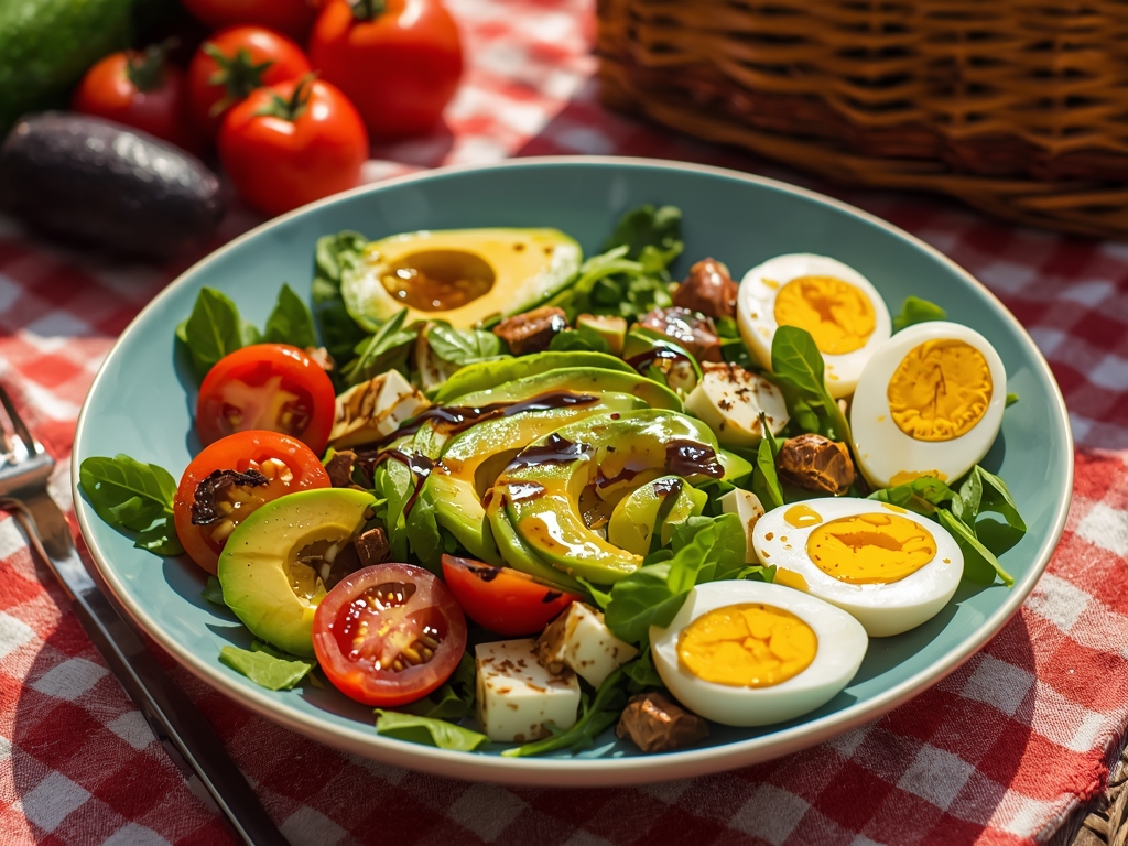 A vibrant salad bowl filled with mixed greens, cherry tomatoes,