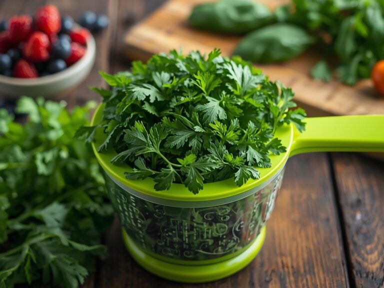 A vibrant salad spinner filled with freshly picked herbs, surrounded