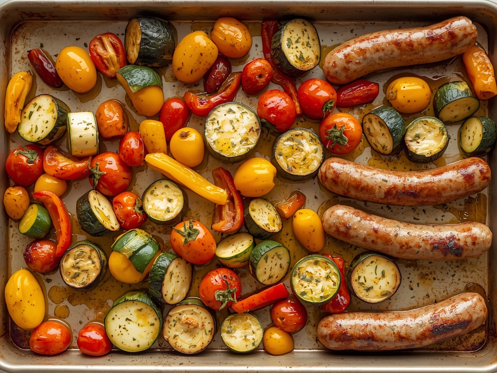 A vibrant sheet pan filled with roasted sausages, colorful veggies