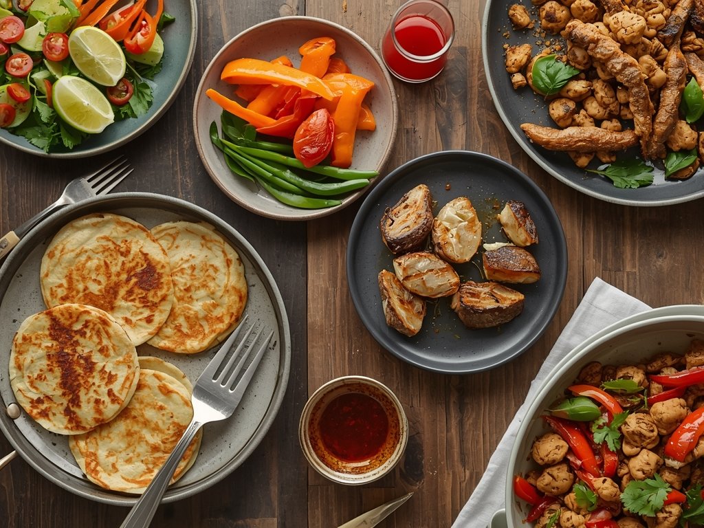 A vibrant spread of dishes—pancakes, grilled fish, and a veggie