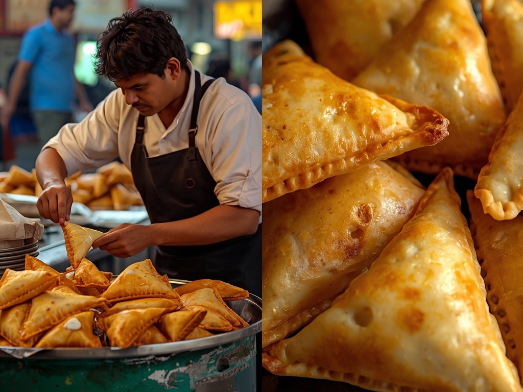 A vibrant street food scene in India, with a vendor