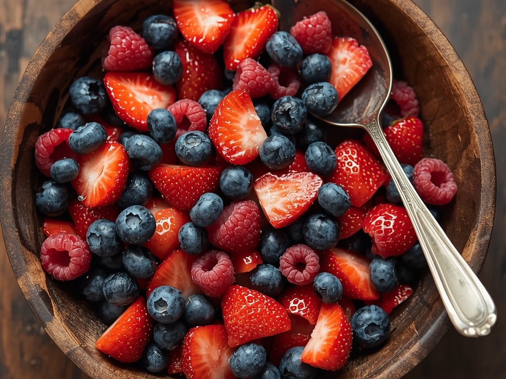 A vibrant summer fruit salad featuring fresh strawberries, blueberries, and
