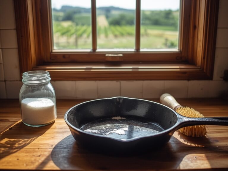 A vintage cast iron skillet with visible rust, sitting on