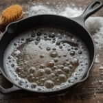 A vintage cast iron skillet with a patinated surface, resting