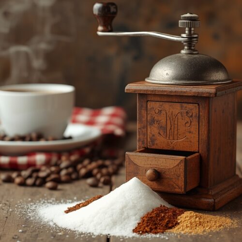 A vintage coffee grinder with a pile of colorful spices
