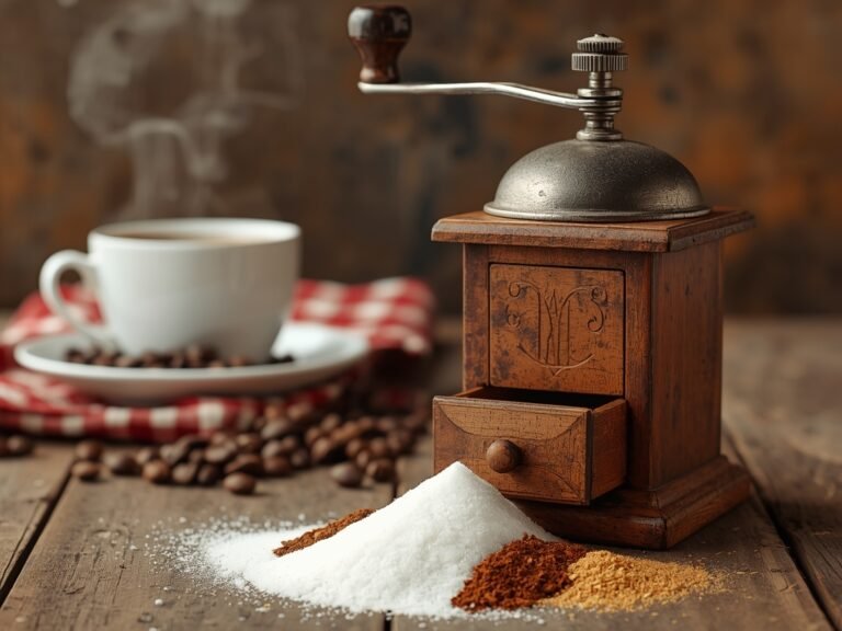 A vintage coffee grinder with a pile of colorful spices