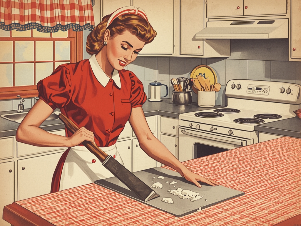 A vintage illustration of a 1950s American housewife using a