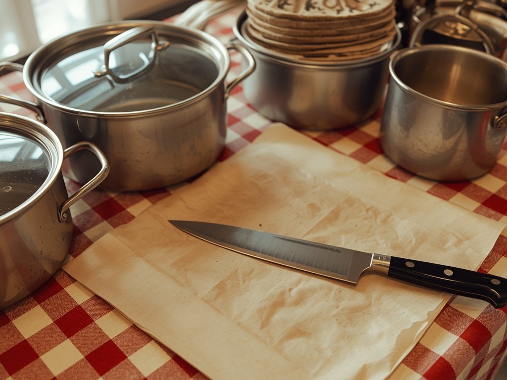A vintage kitchen scene with a chef's knife slicing through