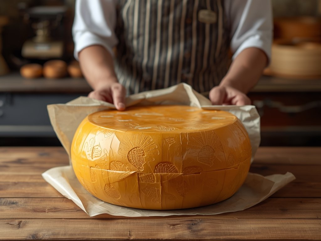 A vintage-style image of a cheesemonger wrapping a wheel of