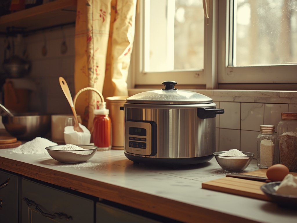 A vintage-style kitchen with a modern rice cooker on the