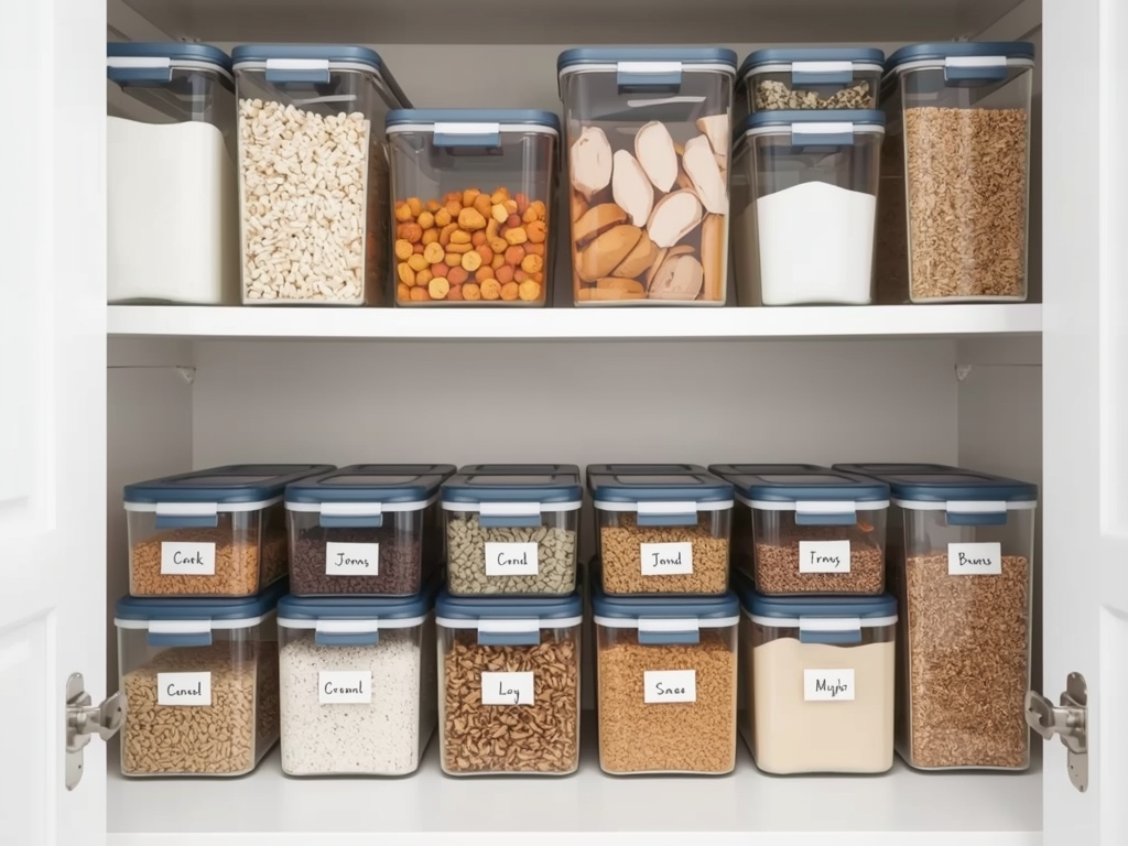 A well-organized pantry with a mix of glass and plastic