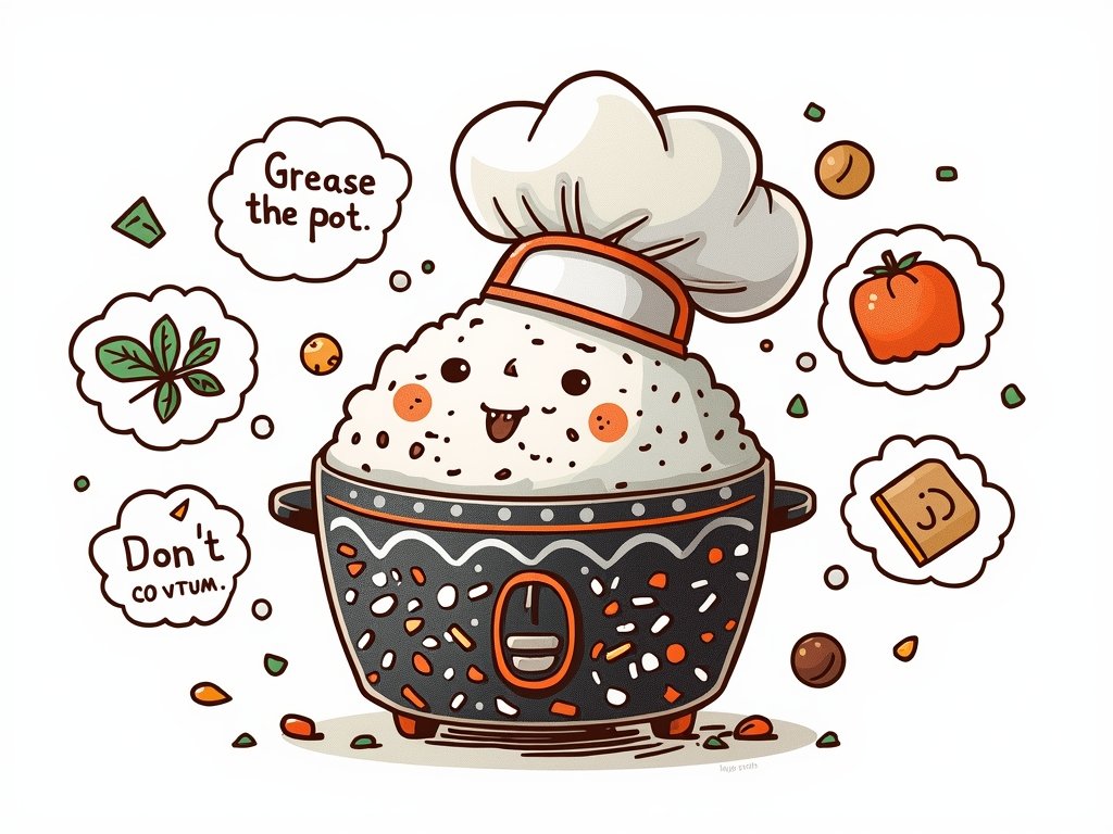 A whimsical illustration of a chef's hat-wearing rice cooker, surrounded