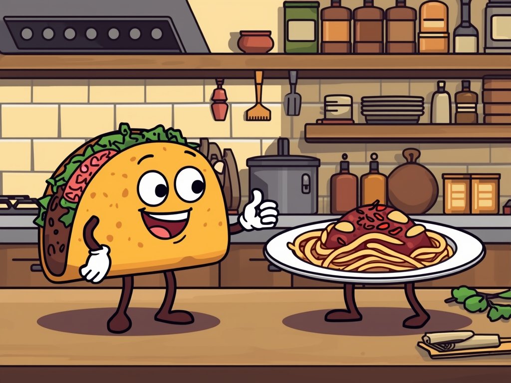 A whimsical illustration of a taco and a plate of