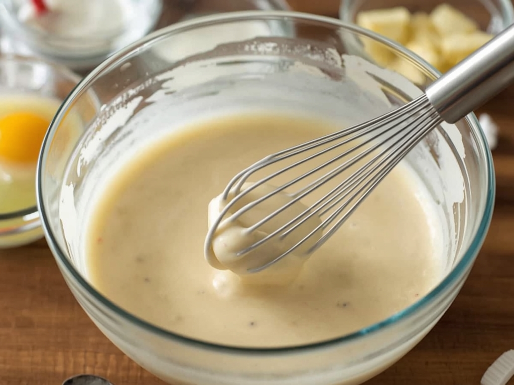 A whisk dipping into a bowl of batter, with a