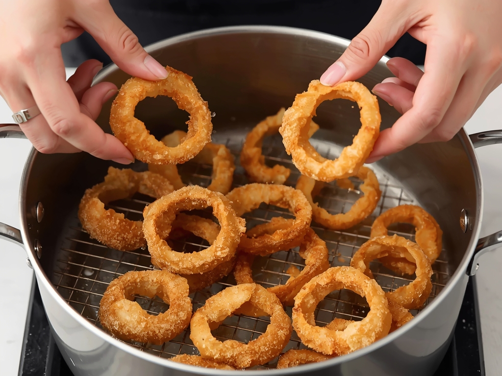 A wire rack with a batch of freshly fried onion