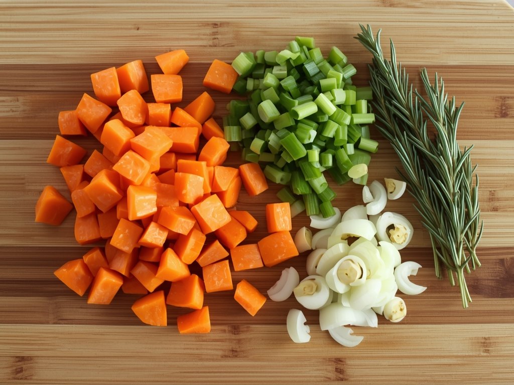 A wooden cutting board with chopped carrots, onions, celery, and