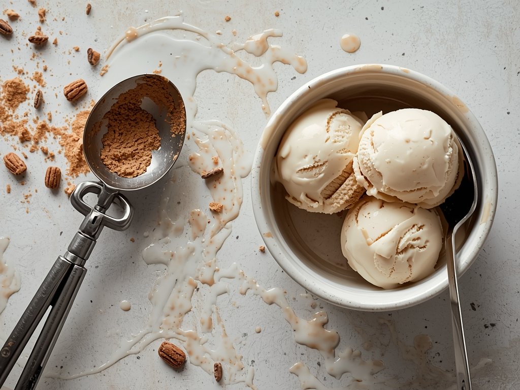 An ice cream scoop next to a melting bowl of