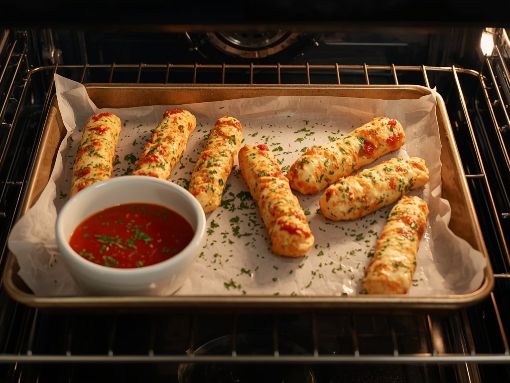 An oven with a baking sheet inside, showing cheese sticks
