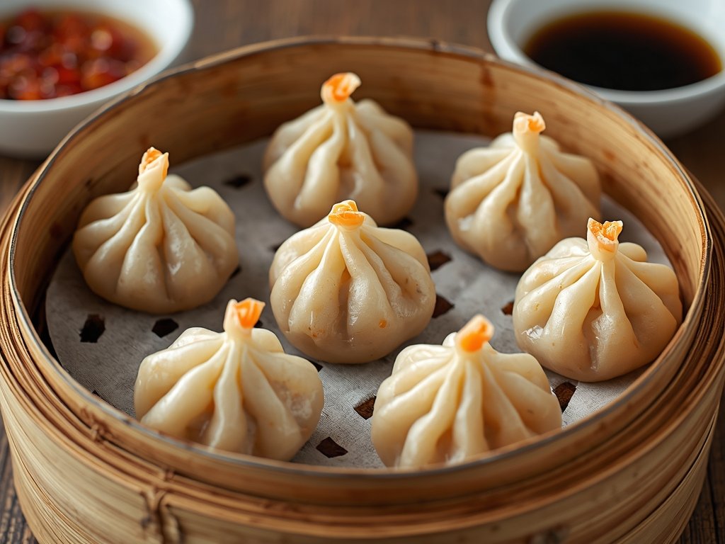 Close-up of a bamboo steamer filled with juicy shrimp dumplings