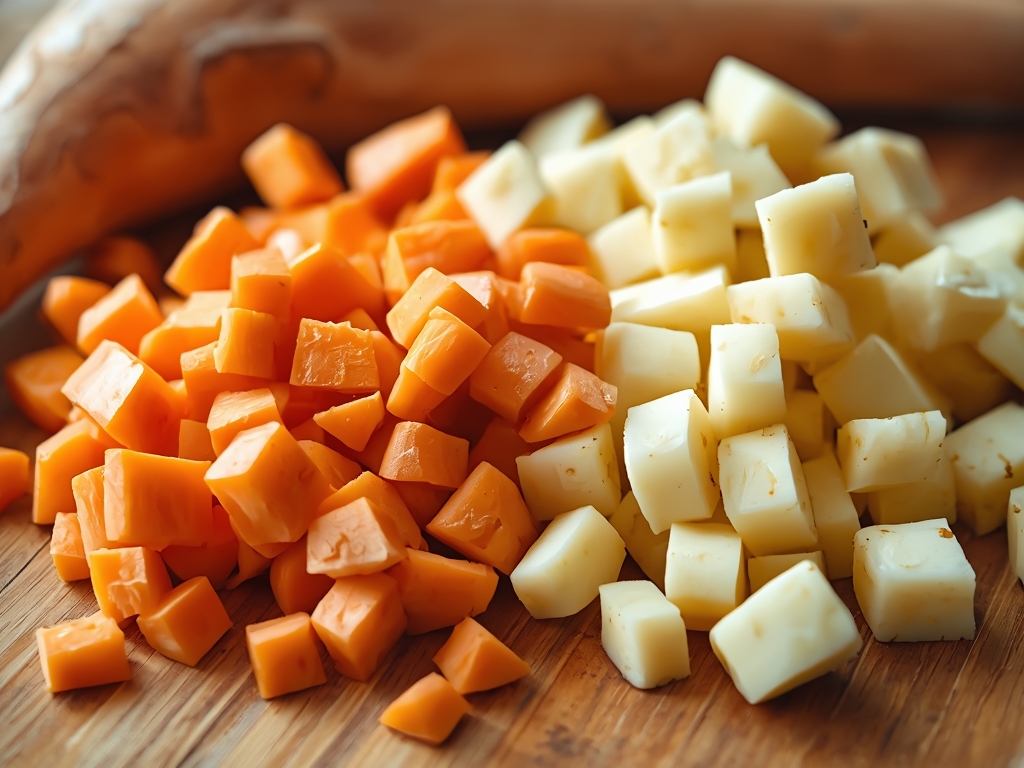 Close-up of a cutting board with freshly chopped carrots and
