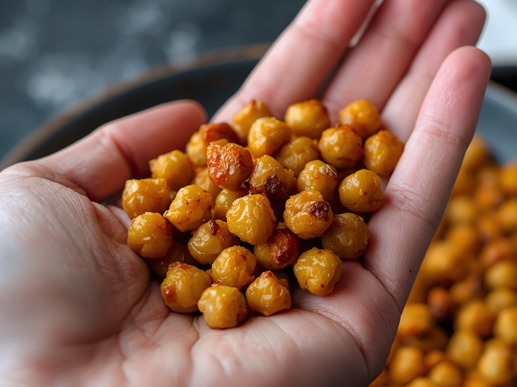 Close-up of a hand holding a handful of roasted chickpeas,