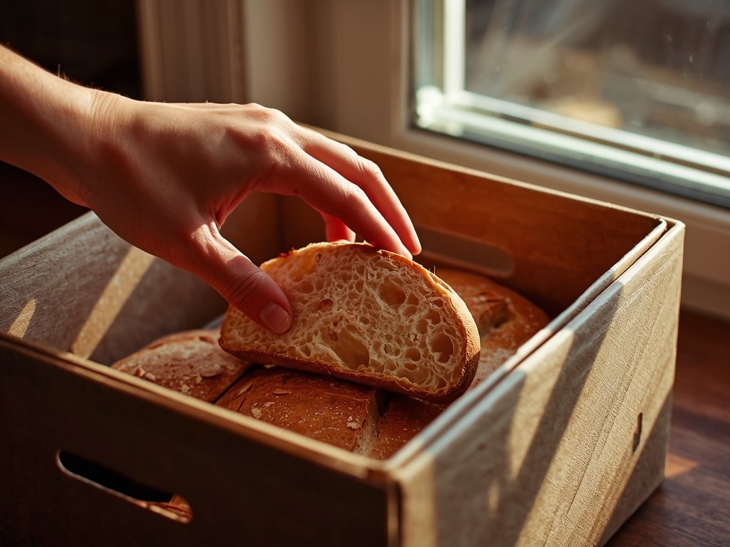 Close-up of a hand reaching into a bread box, pulling