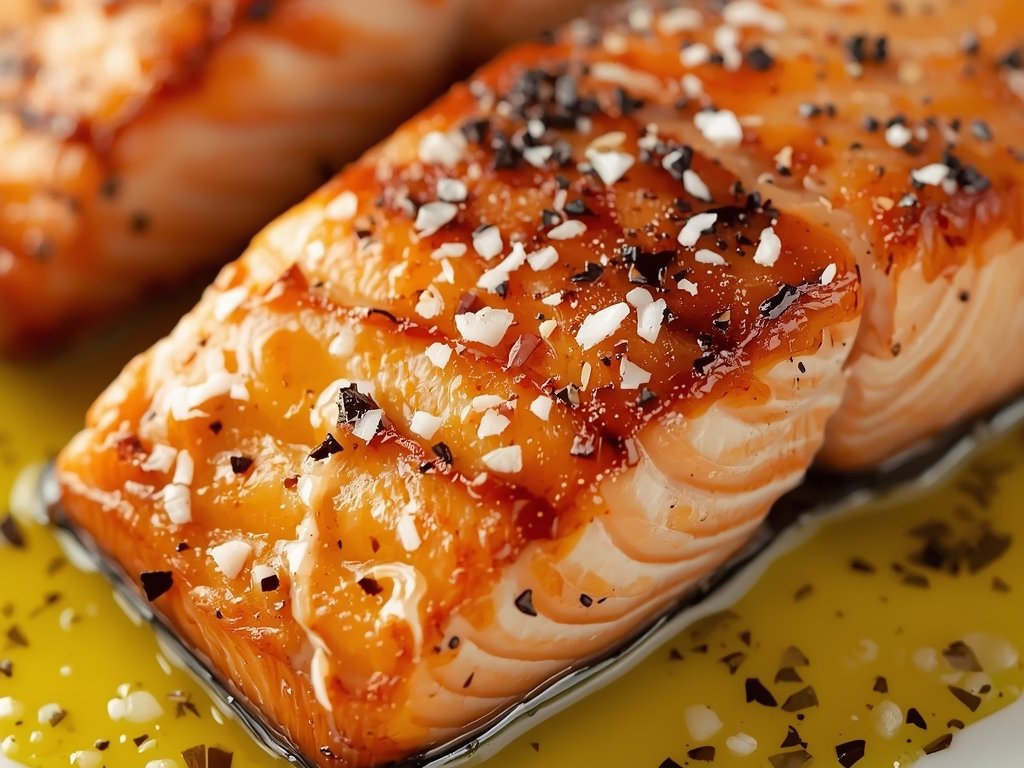 Close-up of a perfectly roasted salmon fillet with crispy skin,