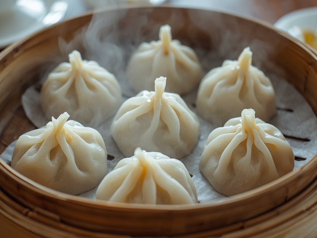 Close-up of a steamer basket filled with plump, translucent steamed