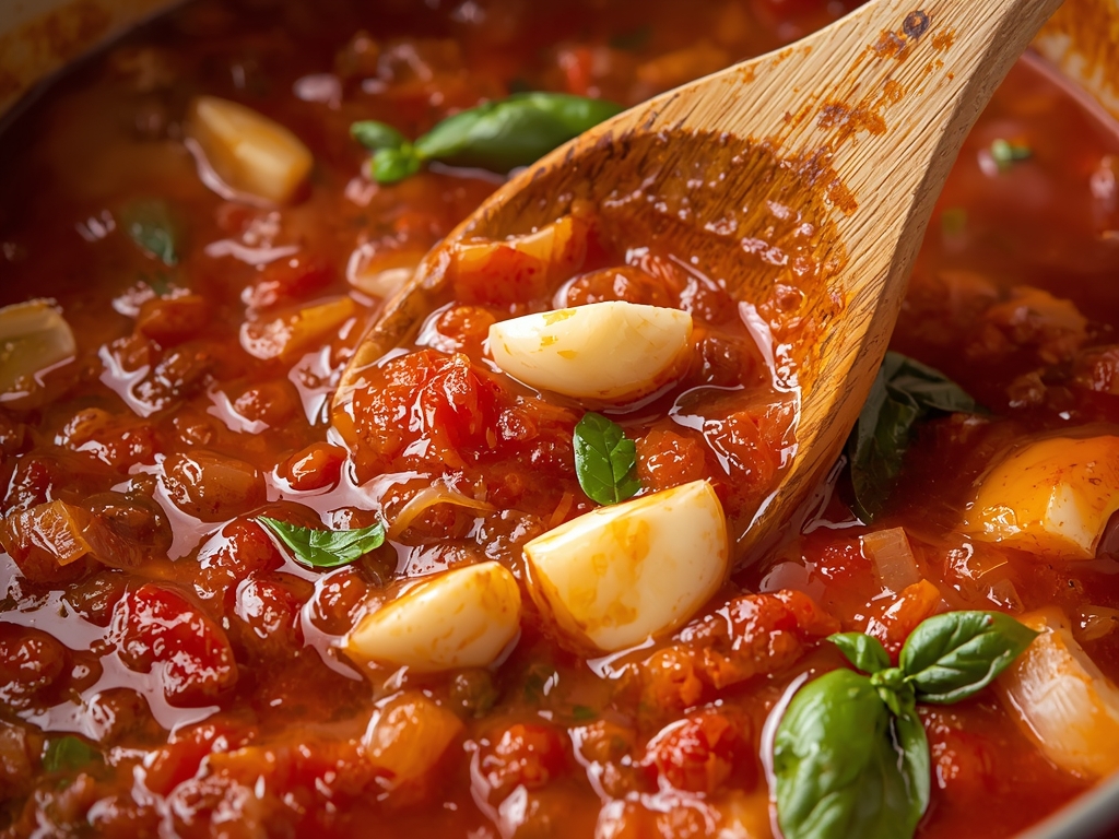 Close-up of a wooden spoon stirring a bubbling pot of