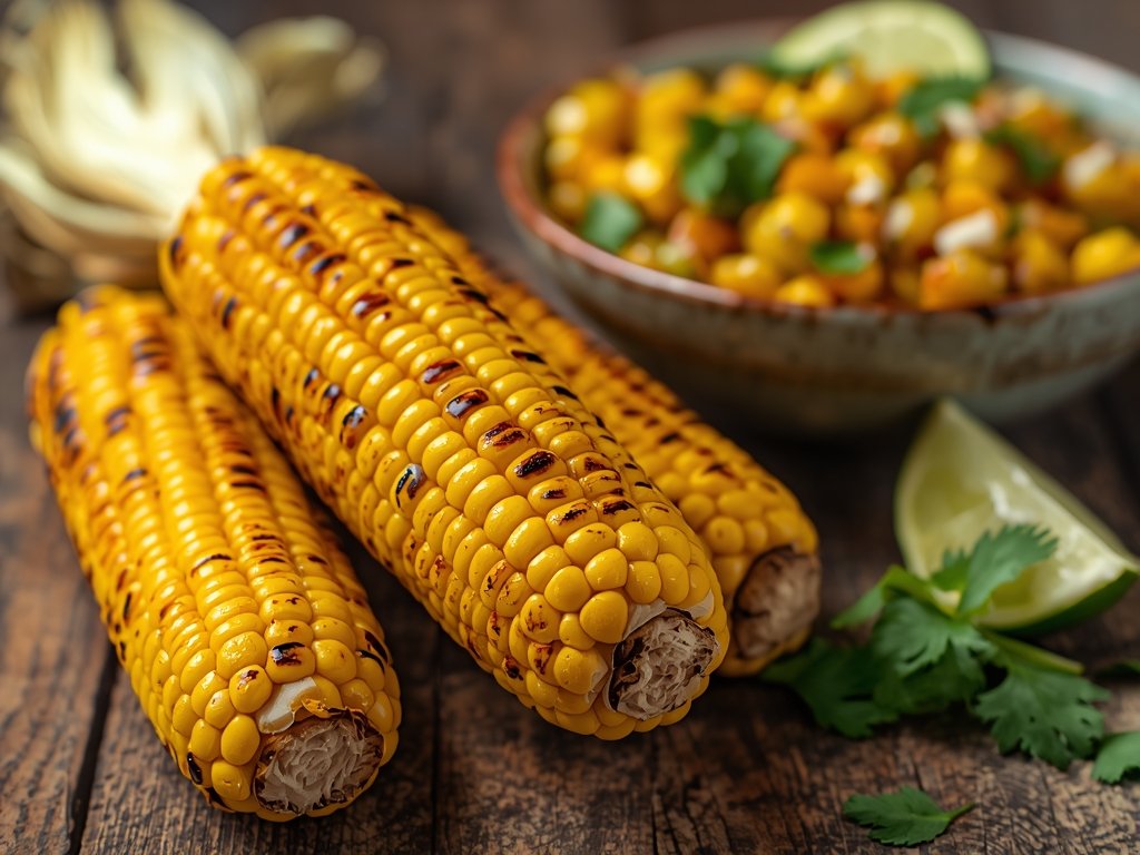 Close-up of golden grilled corn on the cob with char