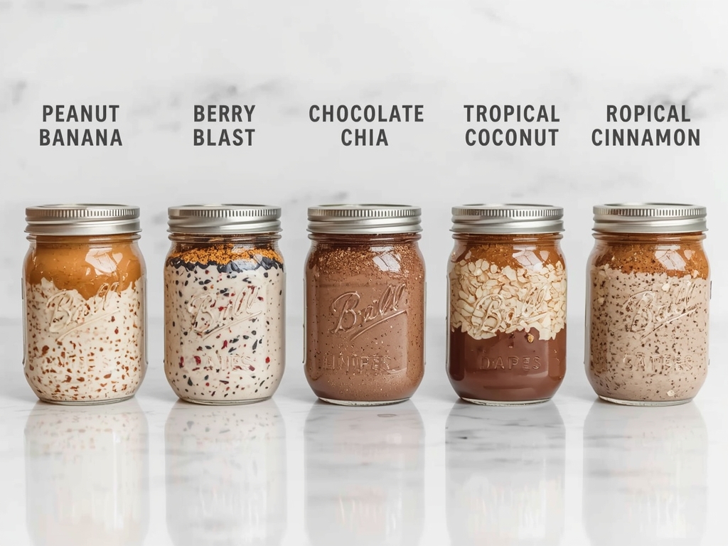 Five mason jars of overnight oats, each with a different