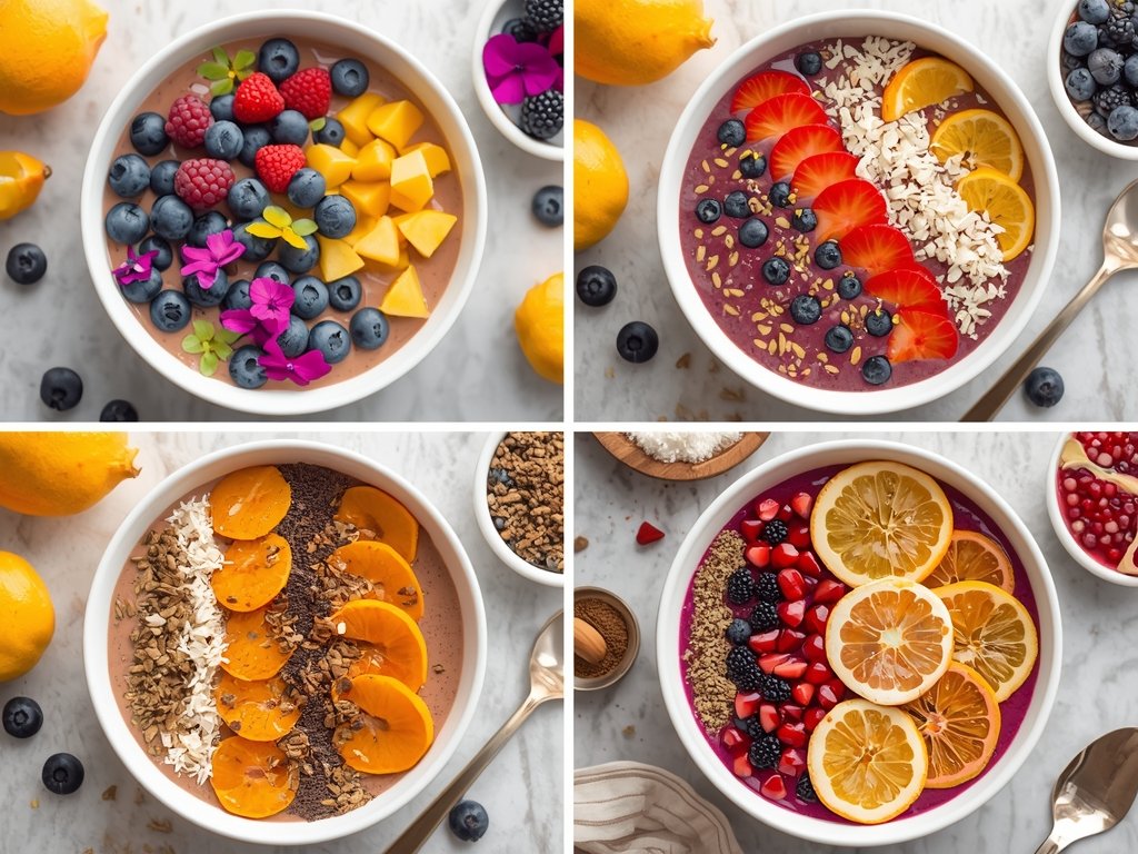 Four distinct smoothie bowls, each representing a season: a spring
