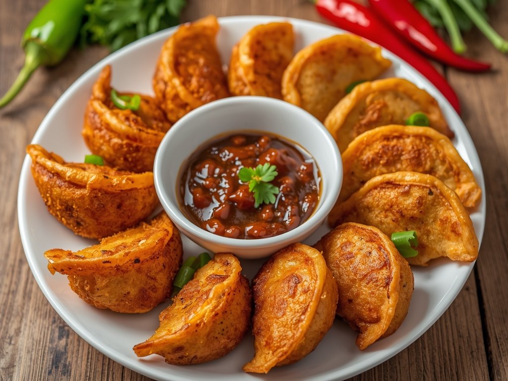 Golden brown fried dumplings arranged on a plate, with a