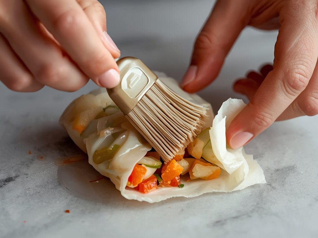 Hands assembling a spring roll: one hand placing filling on