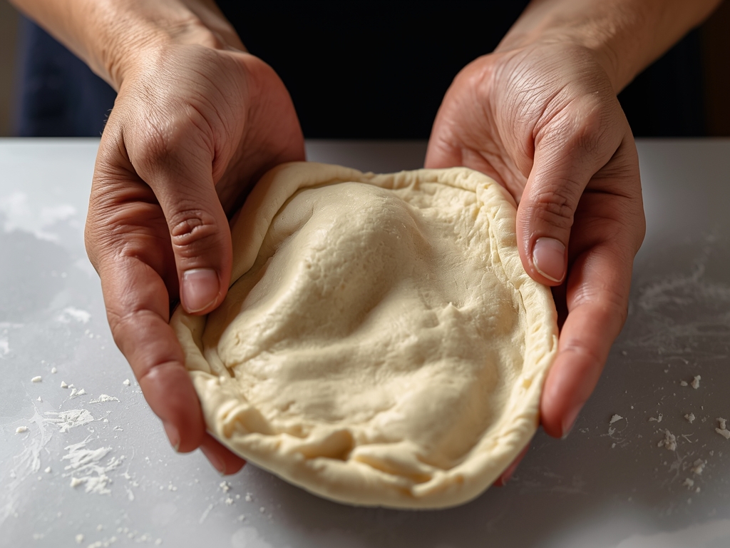 Hands gently stretching a ball of naan dough, showcasing its