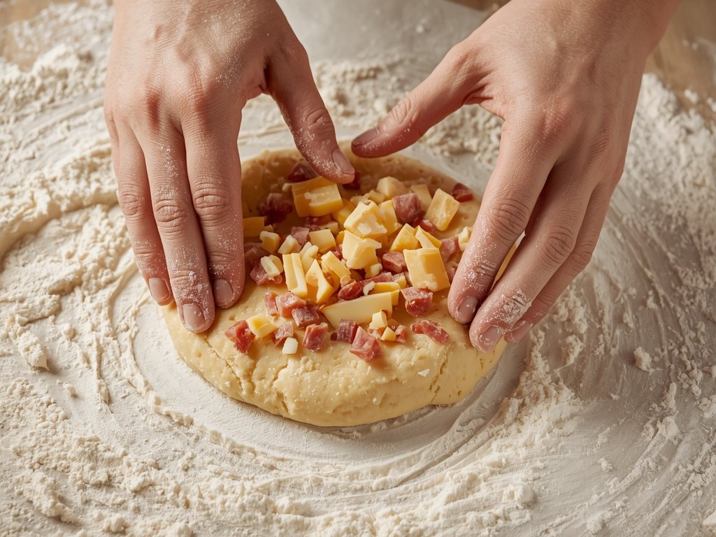 Hands mixing dough on a floured surface, with ham and