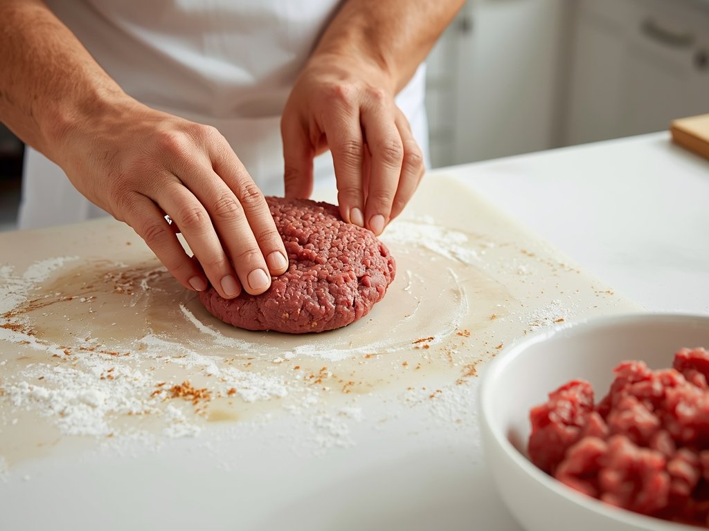Hands shaping a thick, juicy beef patty on a clean