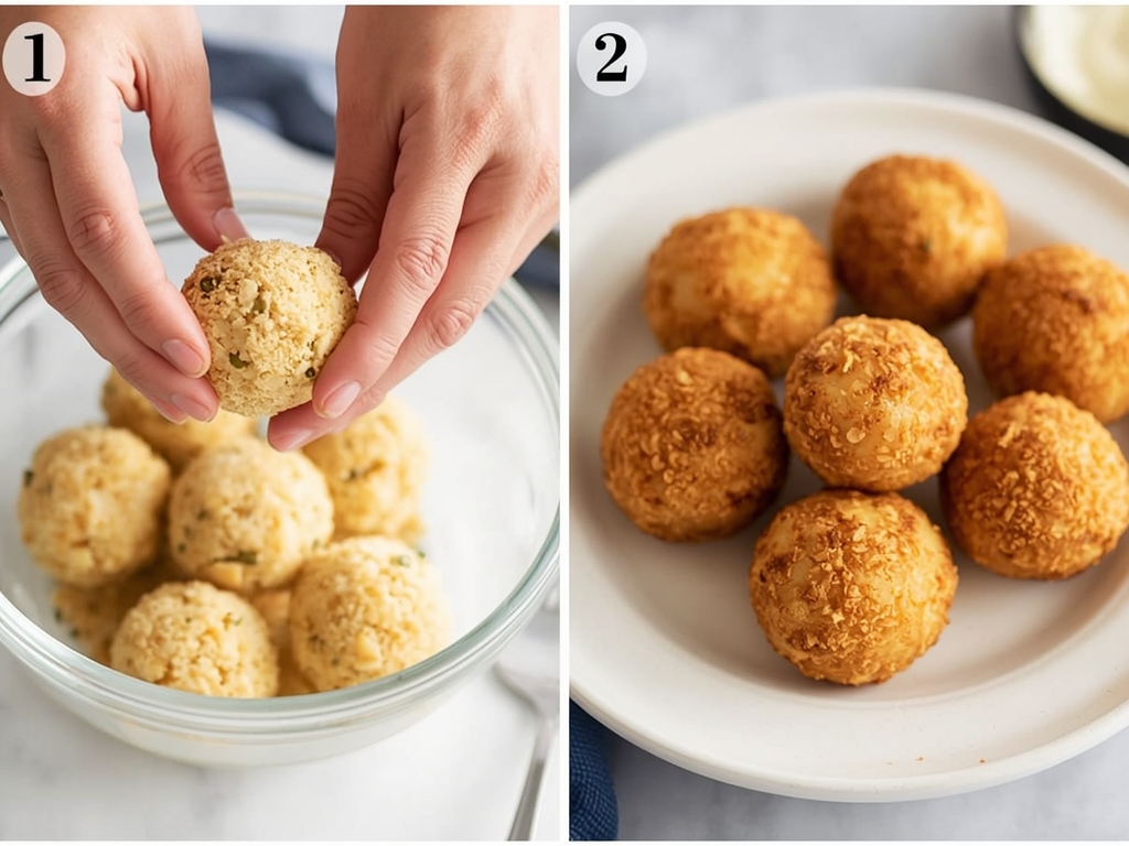 Hands shaping arancini, with a bowl of breaded rice balls