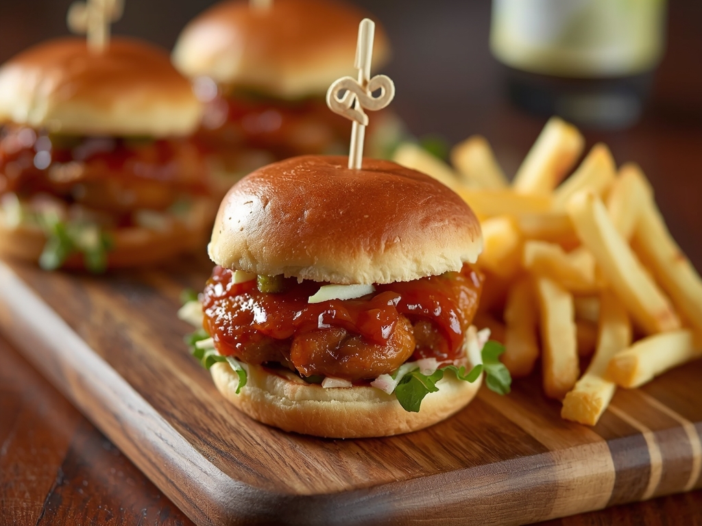 Mini burger sliders with BBQ chicken thighs, coleslaw, and pickle