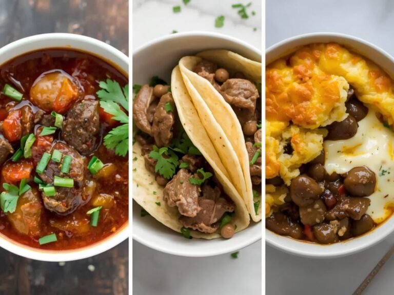 Three bowls side by side, one filled with beef stew,