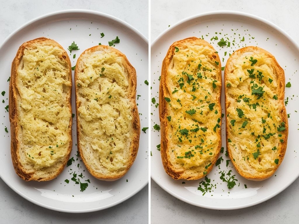 Two plates of garlic bread, one made with chopped garlic