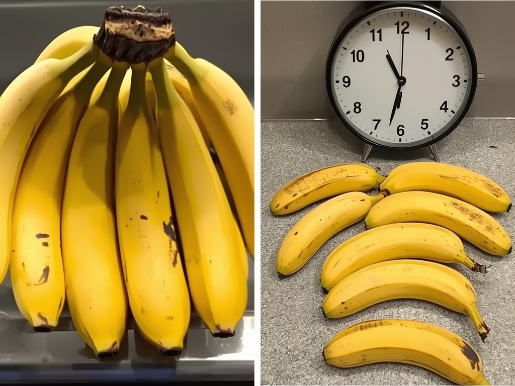 Two side-by-side images: one of a full bunch of bananas